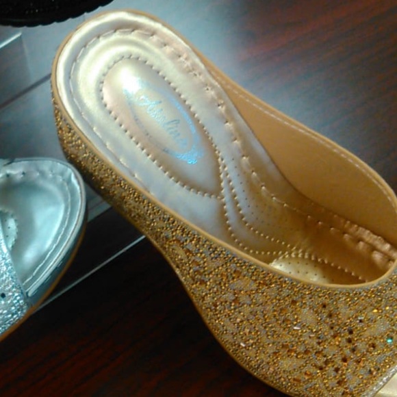 Selling Fast! Italina Gold Rhinestone Embellished Wedding Shoe or Dressy Wedge - Picture 5 of 11
